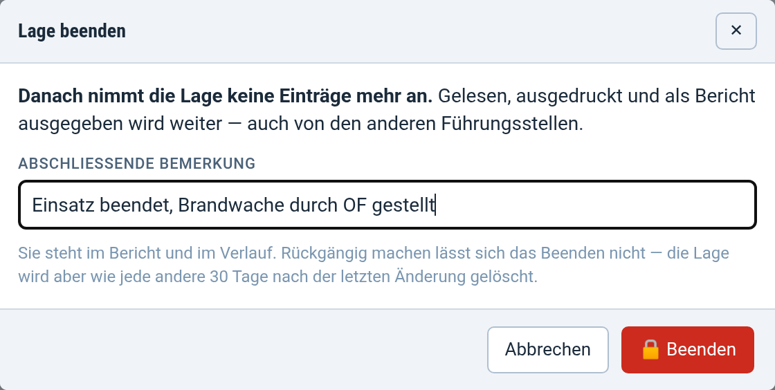 Fenster zum Beenden der Lage