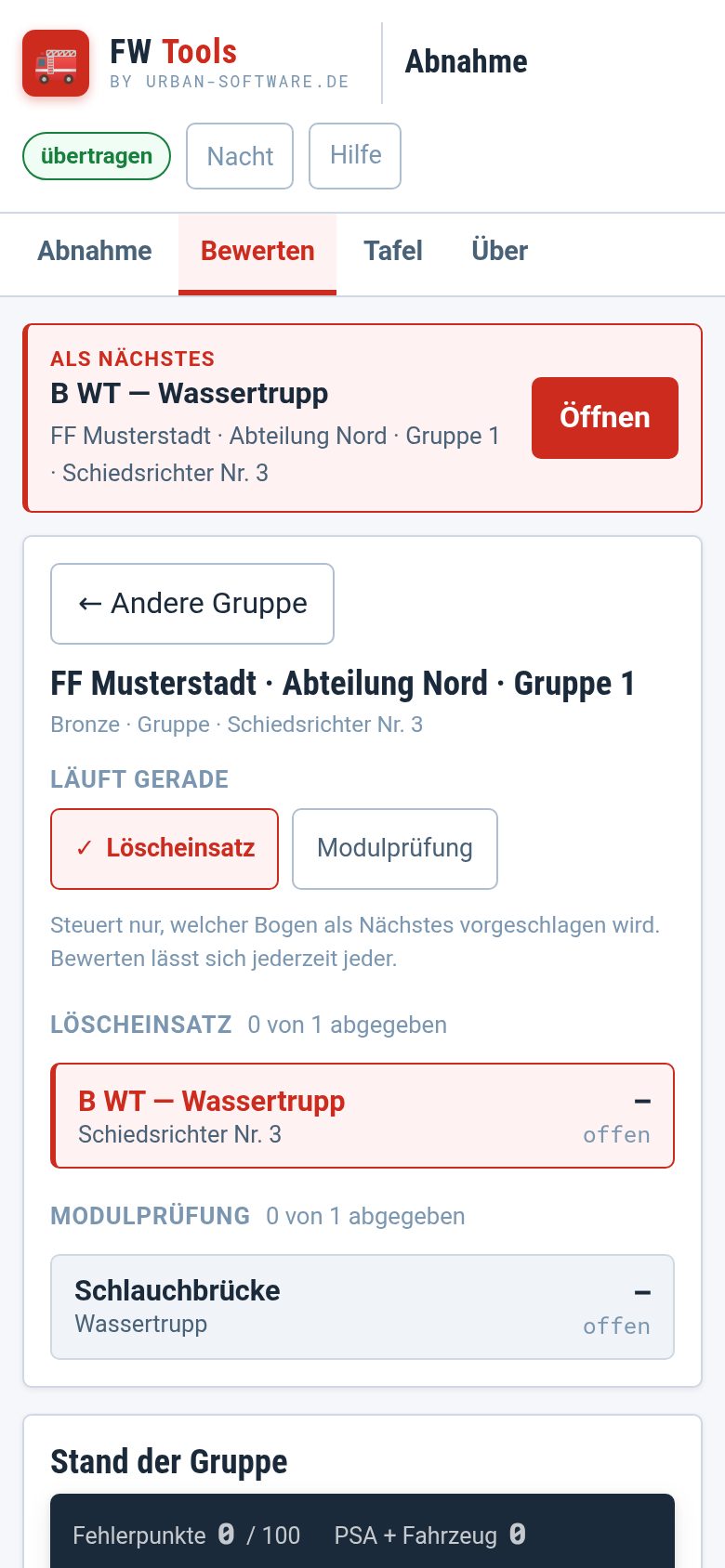 Die Bogenliste einer Gruppe mit dem Schalter „Läuft gerade“