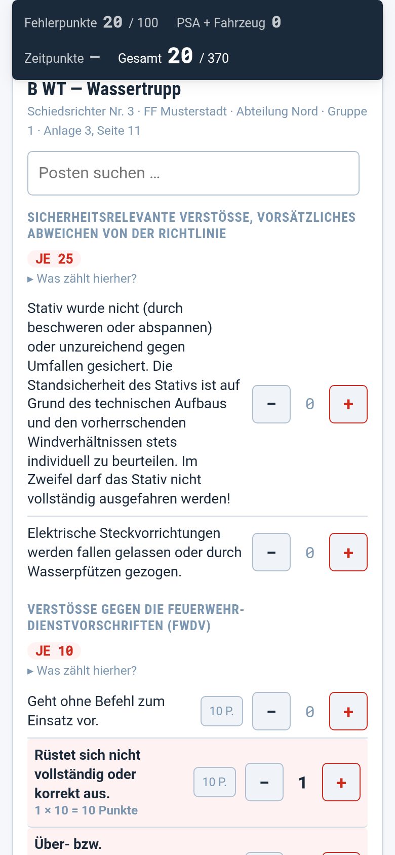 Ein geöffneter Wertungsbogen mit Postenliste und Zählern