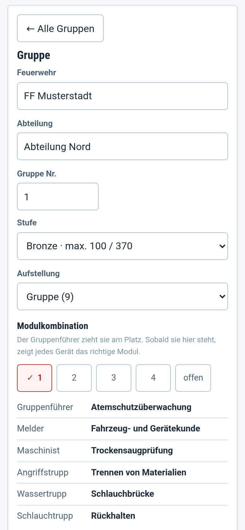 Formular einer Gruppe mit Feuerwehr, Abteilung, Nummer, Stufe und Aufstellung