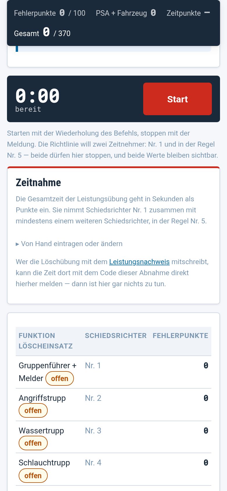 Das Summenblatt mit der Uhr und einem großen Start-Knopf